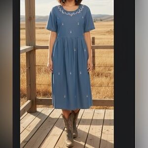 Embroidered Short Sleeve Denim Midi Dress Sz S